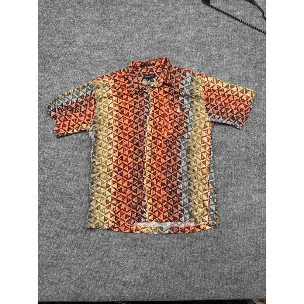 Marc Edwards Rayon Button Down Shirt Geometric Triangle Earth Tone Mens L VTG